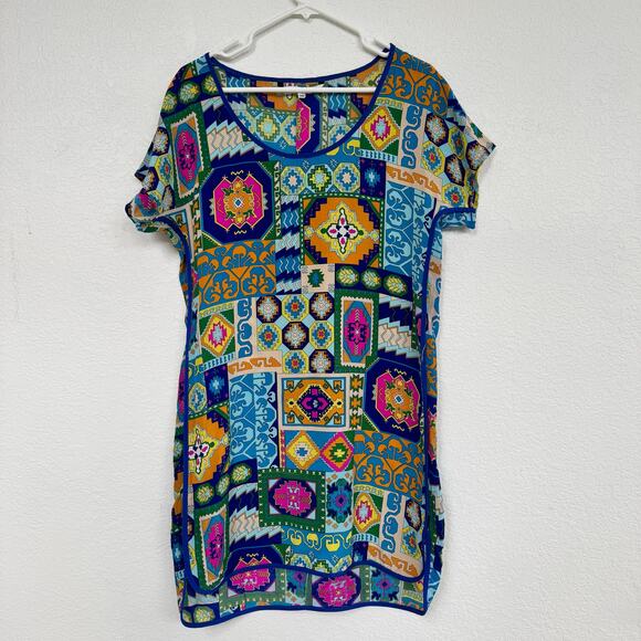 Trina Turk Geometric 100% Silk Tunic Dress CoverUp Resortwear Vacation Sz 10 USA - Picture 2 of 7